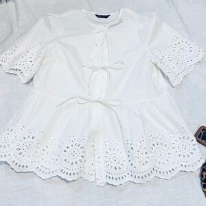 Eyelet Tie-Front Peplum Top - White
